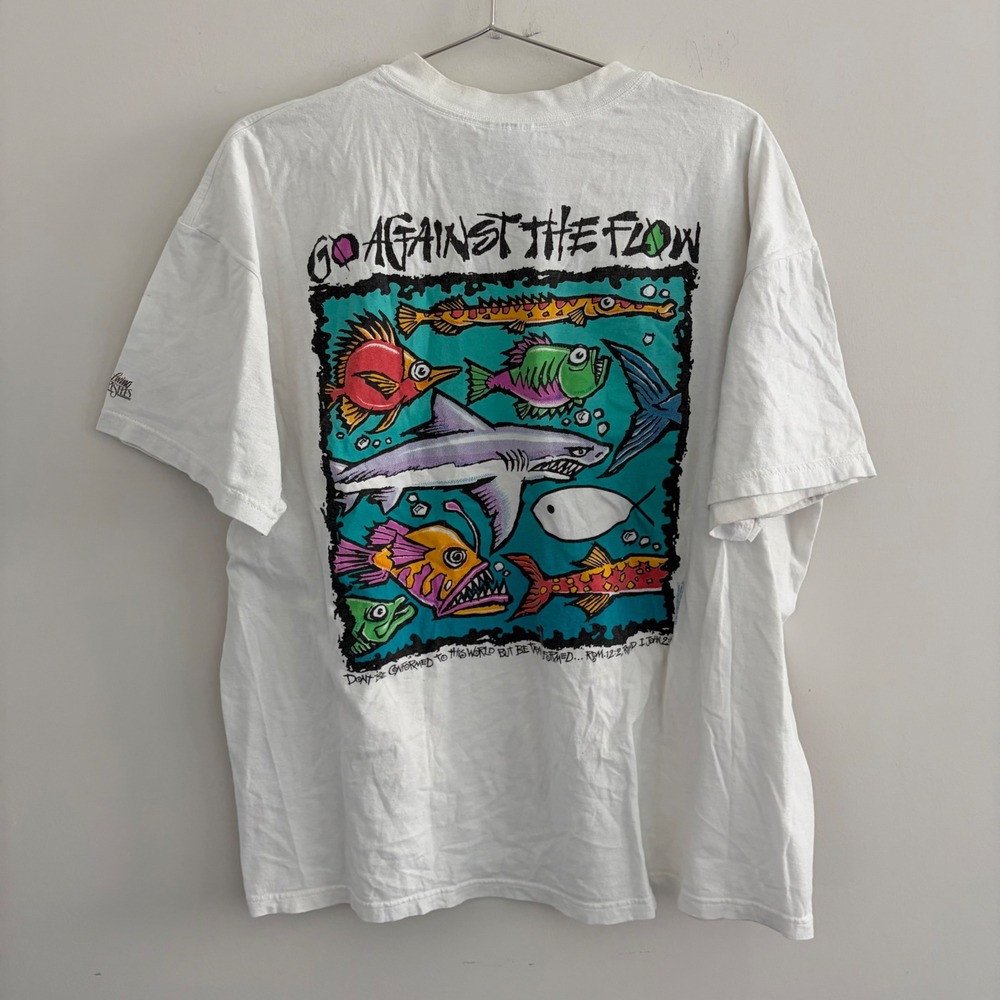 Vintage Go Against the Flow Christian Fish Shark T-Shirt White XL Delta USA